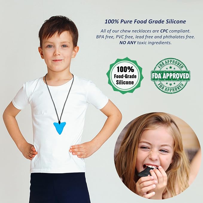 Sensory Chew Necklaces for Kids, Shark Tooth Silicone Chewy Necklace 6 Pack for Autism/ADHD/SPD, Autism Sensory Toys Reduce Chewing Fidgeting for Boys Girls Adults Chewer