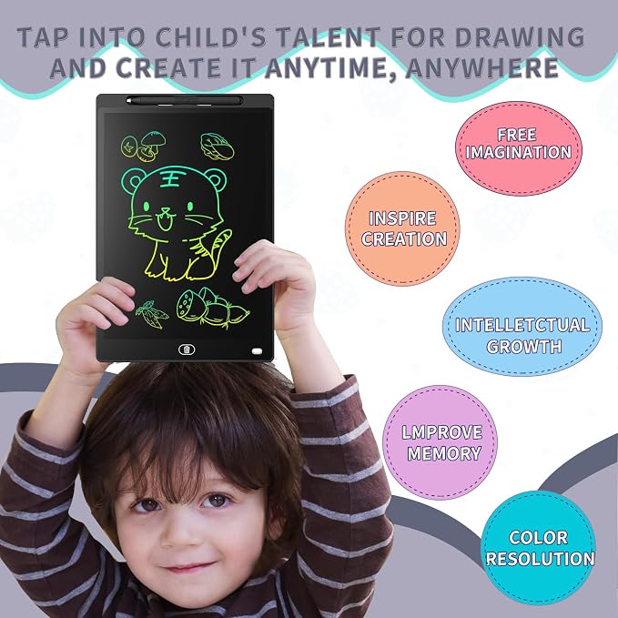 Genialba LCD Writing Board 12 Inches, Colourful Electronic Tablet, Portable Erasable Drawing Board, Graphic Tablet for Children's Games 3 4 5 6 7 Year Old Kid Boys Girls (Black)