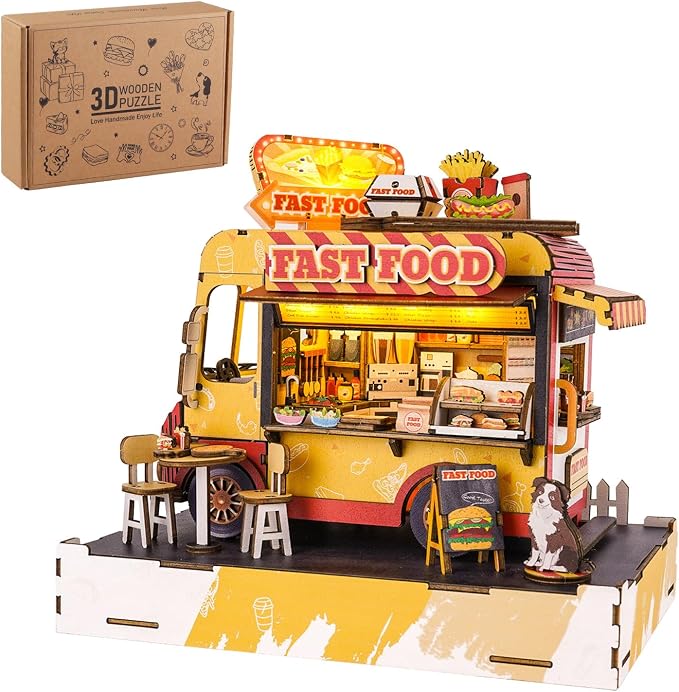 DIY Miniature House Kit Food Cart, DIY Miniature Dollhouse Kit with LED Music Light for Room Bookshelf Decor, Tiny House Crafts for Adults, Birthday for Men Women Teens