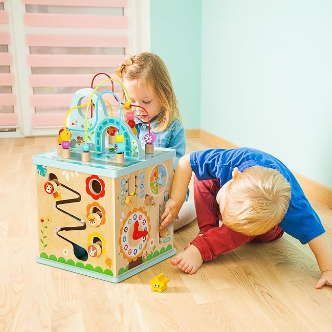 OOOK All-in-one Activity Center, 5 in 1 Baby Activity Table with Gear Game, Kids Sensory Table Play Cube with Montessori Calendar, Bead Maze, Shape Sorter, Ball Drop and More
