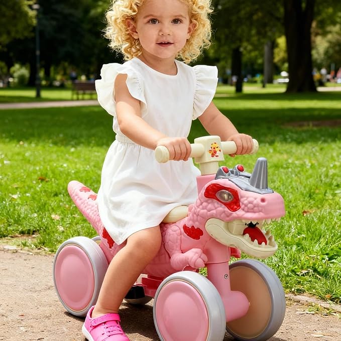 Dinosaur Balance Bike for 1-3 Year Olds, 4-Wheel No-Pedal Bike for Walker, Ride on Toys for Toddlers with Music and Mist Spray, First Birthday Gift for Boys & Girls (Pink)