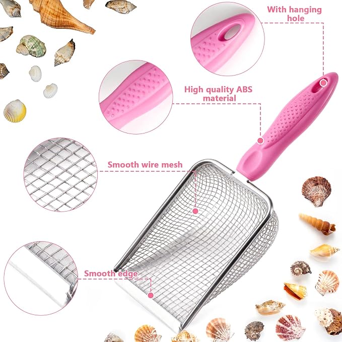 fethwoin 2Pcs Shark Tooth Sifter with 2Pcs Mesh Shell Bags, Beach Sand Sifter, Sea Shell Scooper for Beach, Sand Beach Toys for Kids, Medium, Pink