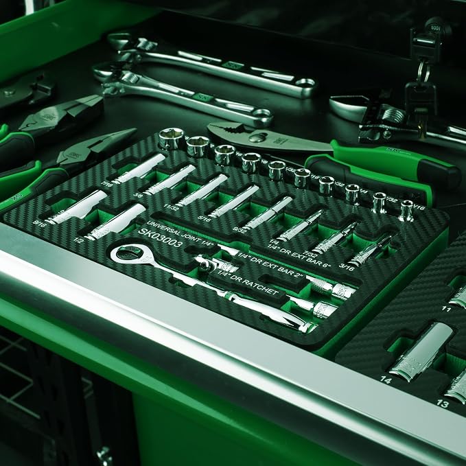SK 1/4" Drive Socket Set with 160-P Ratchet, 24-Piece, SAE, SuperKrome Finish, Premium CR-V Construction, with EVA Foam Tool Organizer