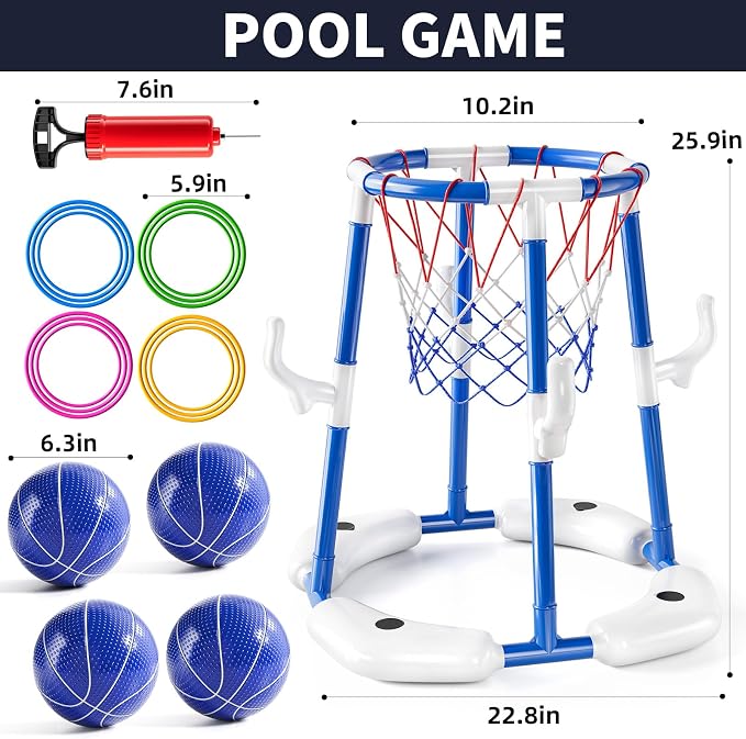 NIPLOOOW Pool Basketball Hoop, 2-in-1 Floating Pool Toys Ring Game with 4 Balls and Pump, Outdoor Swimming Pool Basketball Games Water Play Toy Family Party for Kids Adults Age 3-12 (Blue)