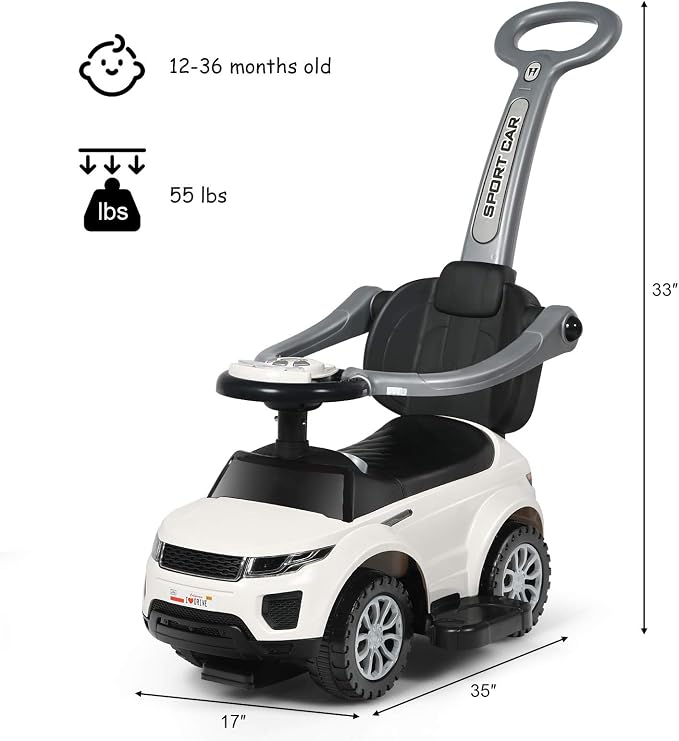 Costzon 3 in 1 Ride on Push Car, Stroller Sliding Walking Car with Horn, Music, Light, Under Seat Storage, Parental Handle, Armrest Guardrails, Ride on Toy for Boys & Girls (White)