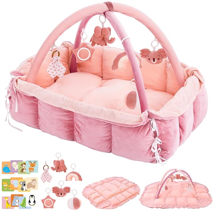5-in-1 Baby Play Gym and Tummy Time Mat, 12 Learning Cards, Plush Activity Mat with 6 Toys, Baby Gym, Convertible to Ball Pit, Baby Gift, Light Pink