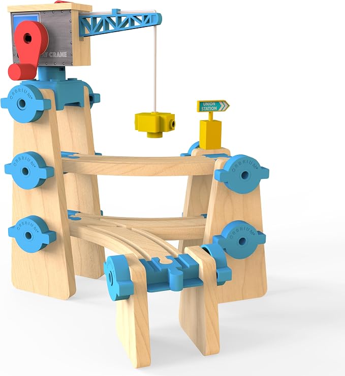 Wooden Train Tracks Build & Play Construction Set 115PCS Modular Railway STEM Toys Track Expansion Pack #3 | Build Crane Tower Bridge Ascending Track Accessories Compatible with Thomas Brio ORBRIUM