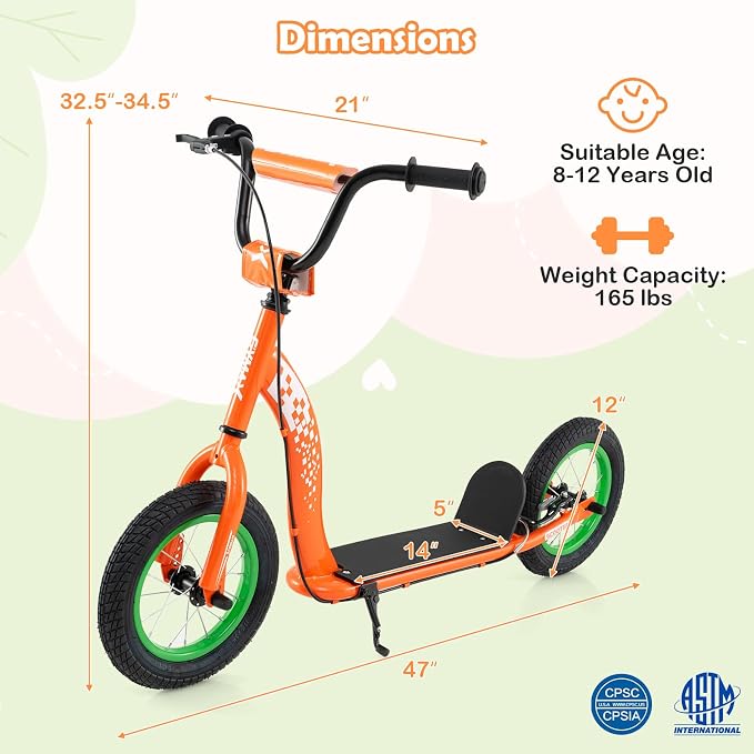 GYMAX Scooter, Kick Scooter for Adults, Teens, Kids with Adjustable Handlebar, 12” Inflatable Wheels, Front Caliper Brake & Non-Slip Deck, Heavy Duty Off-Road Scooter