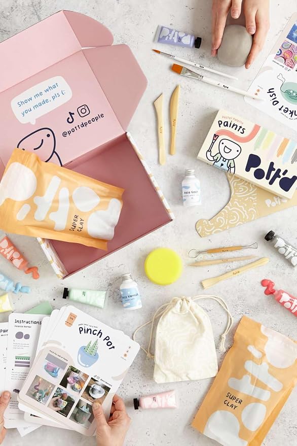 Pott'd Air Dry Clay for Adults. Beginners Home Pottery Kit for Adults. DIY Crafts Includes: Air-Dry Clay, Tools, Paints, Brushes, Sealant, Guides