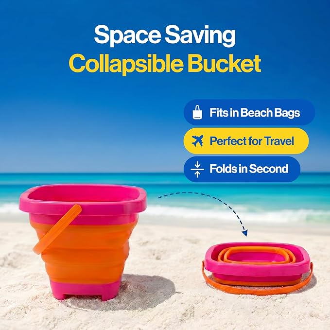 Beach Toys for Kids, 12-Piece Foldable Sand Toy Set, Silicone Beach Bucket, Sand Toys for Toddlers Ages 2-8, Beach Bucket and Shovel Set, Outdoor Beach and Sandbox Toys (Pink Set)