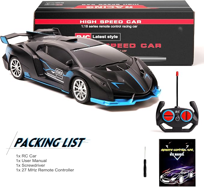 Remote Control Car for Boys Fast 1/18 Scale Rechargeable RC Vehicle Cars Toys Xmas Gifts for Kids High Speed with Headlights (Black Blue)