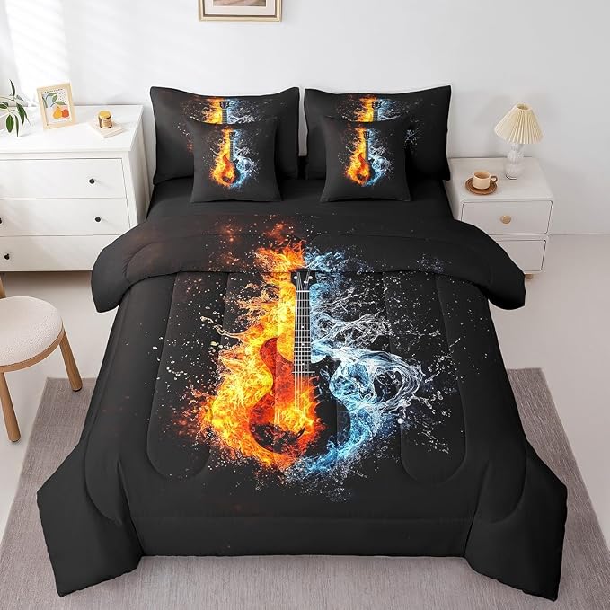 Feelyou Guitar Comforter Set with Sheets Queen Size Rock Music Bed in a Bag for Boys Girls Teens Dull Black 7 Pieces Bedding Set Soft Lightweight Microfiber