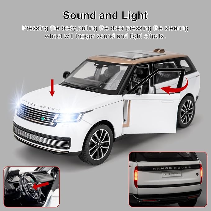 TGRCM-CZ 1:24 Range Rover Die-cast Model Vehicle with Sound & Light, Off-Road Vehicle with Pull Back Function & Openable Doors - Realistic Details for Collectors & Gifts White