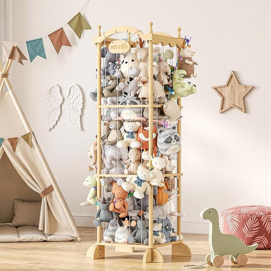 COSYLAND Stuffed Animal Storage Organizer for Kids Room - Large Pine Wood Plush Toy Holder with Elastic Cords & Nameplate - Cute Castle Toy Zoo for Toddler Room & Corner (Colorful Chain)