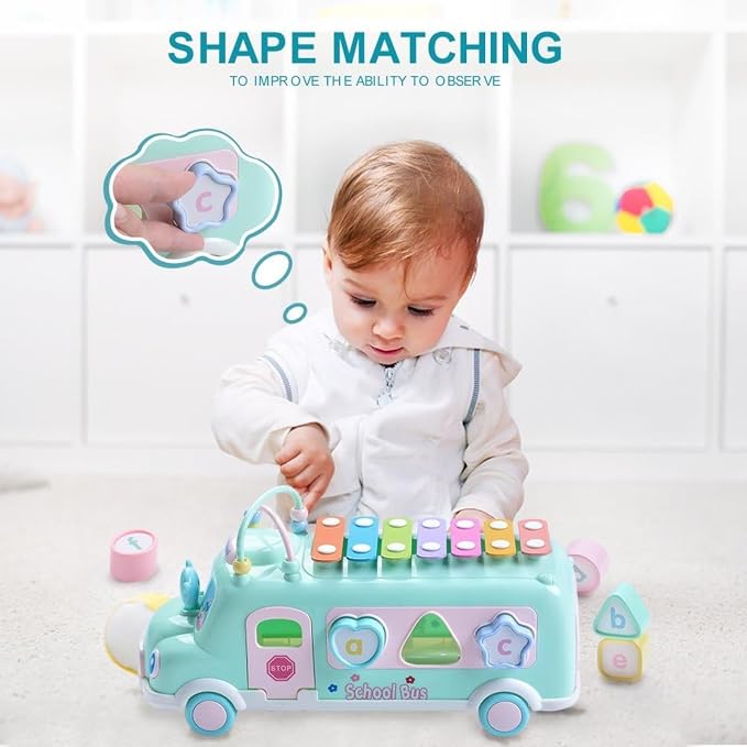 5-in-1 Baby School Bus Xylophone Toys for 1 Year Old Girl Gifts, Educational Toddler Toys , 1st Birthday Gril Gift, Toddlers Montessori Musical Baby Bus with Shape Sorter & Knock Hammer