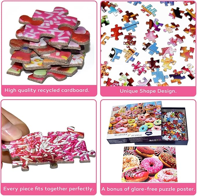 HUADADA Jigsaw Puzzles for Adults 1000 Pieces, Donuts Interlock Perfectly Letter on Back No Dust, Home Decor Birthday Party Gift Toy for Kids Boys Girls Seniors (27.5"x19.6"), 1:1 Poster