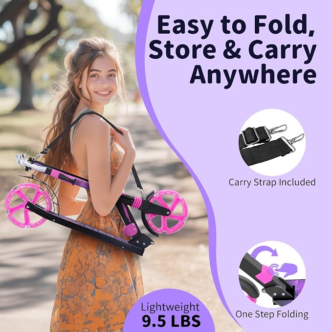 BELEEV V8 Scooters for Kids Ages 6+ with Light-Up Deck, 2 Wheel Folding Scooter for Kids, 4 Adjustable Height, Lightweight Sport Commuter Scooter, Sturdy Frame