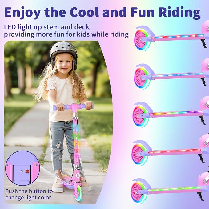 BELEEV V3 Scooter for Kids with Light-Up Wheels & Stem & Deck, 2 Wheel Folding Scooter for Girls Boys, 4 Adjustable Height, Lightweight Kick Scooter with Handy Kickstand for Children Ages 3-12