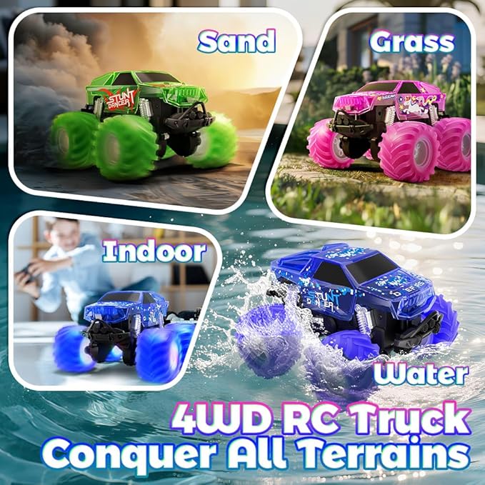 Drefirsa Blue Monster Truck Toy, Amphibious Remote Control Car, 4WD All Terrain Off-Road RC Truck with Colorful Light, RC Stunt Car Toy for 6 7 8 9 10 11 12 Year Old Boy Birthday Gift
