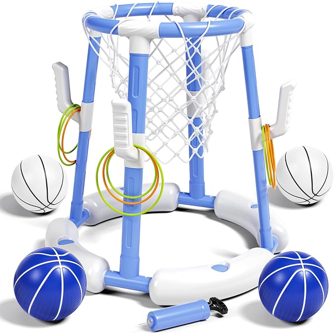 Pool Basketball Hoop&Ring Toss Game 2-in-1 Floating Pool Toy with 4 Balls 8 Rings&Pump,Outdoor Swimming Basketball Party Games Water Play Toy Anti-Tip Stable Base Summer Gift for Kid 4-8 8-12& Adult