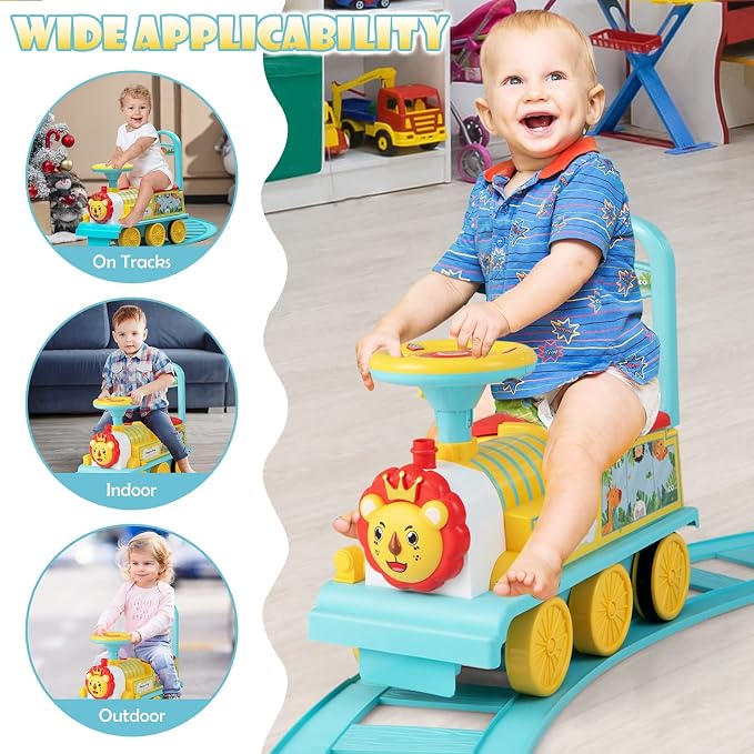 OLAKIDS Kids Ride On Train with Track, 6V Electric Toy with Lights and Sounds, Retractable Footrest, Under Seat Storage, Christmas Theme Battery Powered for Toddlers Boys Girls (1 Seater, Lion)
