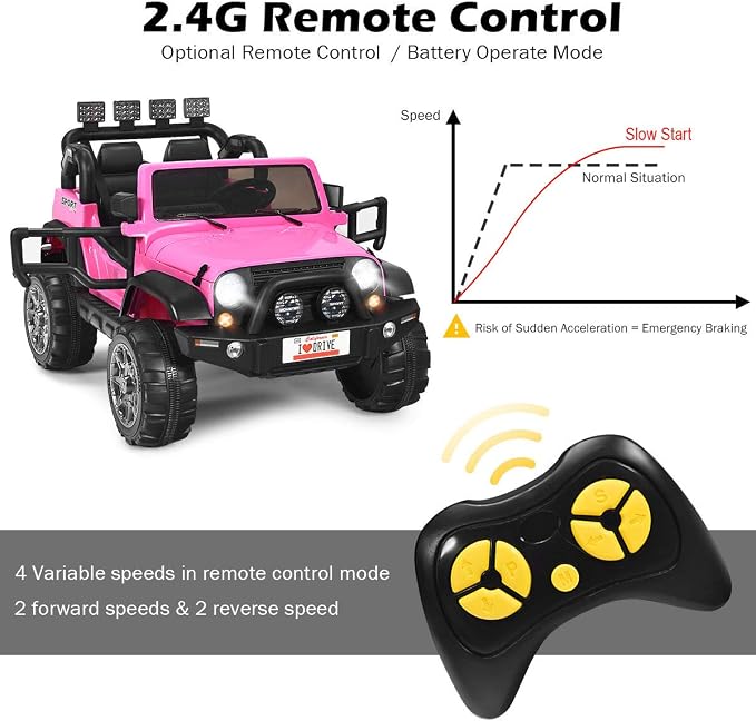 Costzon 2-Seater Ride on Truck, 12V Battery Powered Electric Vehicle Toy w/Storage, Remote Control, 3 Speed, LED Lights, MP3, Horn, Music, 2 Doors Open, Spring Suspension, Ride on Car for Kids (Pink)