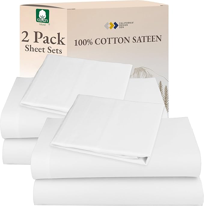 California Design Den 100% Cotton Bed Sheets - Pack of 2 Twin Sheets Set - Sateen Weave, Soft & Durable, 12" Pocket Bedding Set - White