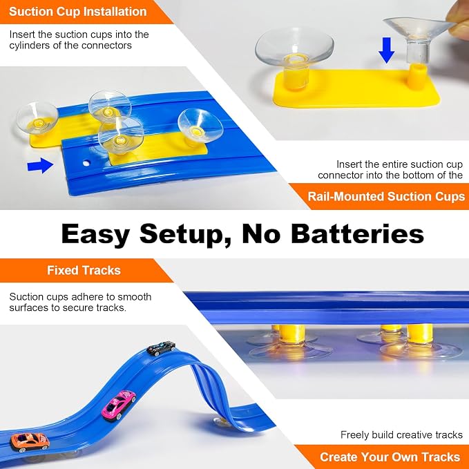 15Ft Flex Track, Flexible Race Car Track for Kids Toy with 10 Suction Cups, Rolls Up Portable Racetrack Compatible with Hot Wheels & Diecast 1/64th Cars, Birthday Gifts for Boys Girls (Blue)