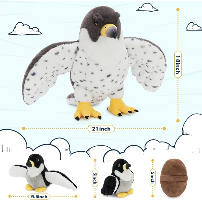 MaoGoLan 4 Pcs Peregrine Falcon Stuffed Animals Bulk with 3 Baby Birds Inside, 18 inch Giant Plush Falcon Toys Set Funny Stuffed Eagle Christmas Mother's Day