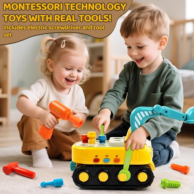 Toys for 2 Year Old Boys: Toddler Tool Set, Excavator Take Apart Toys with Electric Drill, Screwdriver, Wrench, Learning Pretend Construction Toy for 2 3 Years Old Kids Birthday Gift, Musical, Light