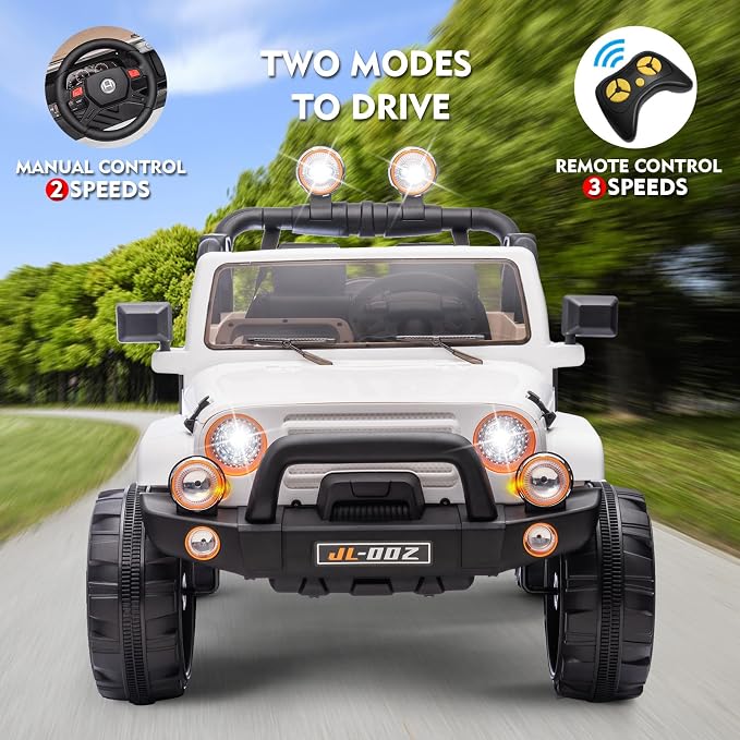 2 Seater Ride On Truck and Car Cover, 12V Children's Electric Car with Parental Remote Control, Music, Bluetooth, MP3 Player, LED Lights, Spring Suspension, White