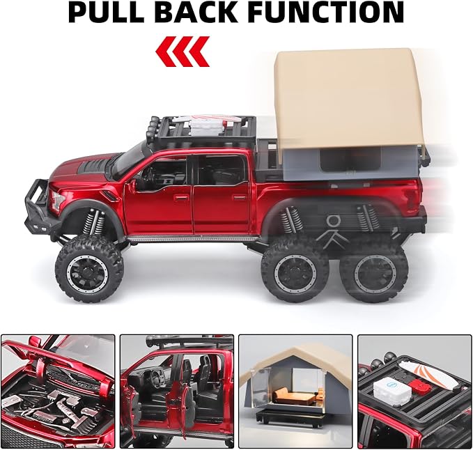 OANMYJJO Toy Trucks for Boys Age 4-7,Trucks for Kids F150 Diecast Truck,Model F150 Pickup Truck with Sightseeing Cabin,Pull Back Cars with Light and Sound,Trucks for Kids Ages 4-8（Red）