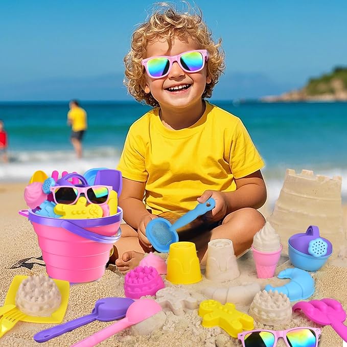 31PCS Beach Toys Set for Girls Kids, Collapsible Sand Bucket and Shovels Set with Watering Can, Ice Cream Cake Sand Molds,Mesh Bag, Outdoor Play Travel Beach Toys for Kids Toddler Boys Girls