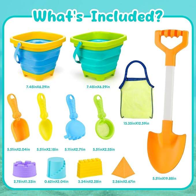 AuntyFey Collapsible Beach Toys for Kids Ages 4-8, Sand Toys for Toddlers Ages 3-4-8, Beach Toy Set with Collapsible Beach Buckets, Sandbox Toy for Kids with Castle Sand Mold and Large Shovels