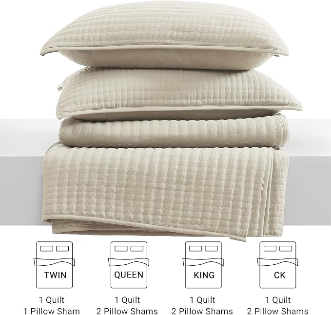 WRENSONGE Queen Quilt-3 Pieces Neutral Lightweight Bedspreads Light Oatmeal Queen Size Quilt Bedding Set for All Seasons, Soft Summer Coverlet with 2 Pillow Shams Suitable for Bed & Couch