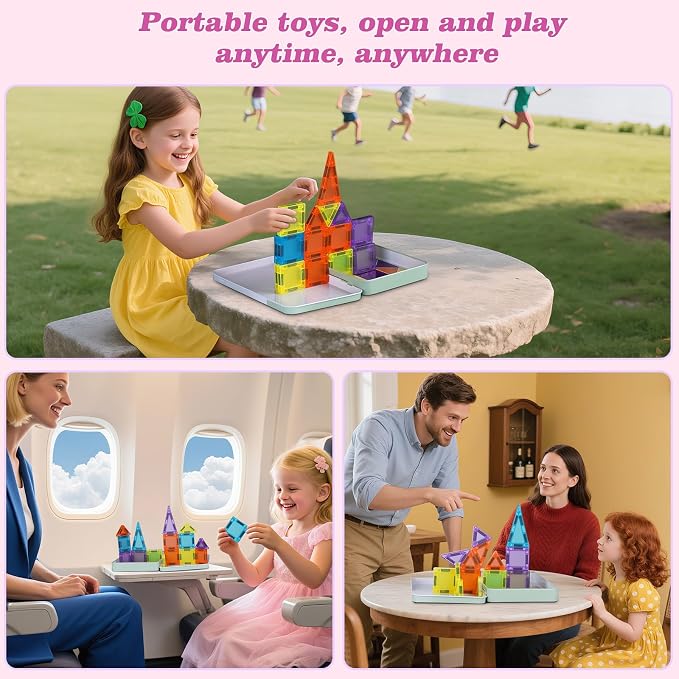 Mini Magnetic Tiles Travel Set- 50PCS Travel Toys with Portable Iron Box, Rounded Edges, Colorful STEM Toys for Kids Ages 3+, Building-Creativity Gifts, for Home Airplane Car Trip