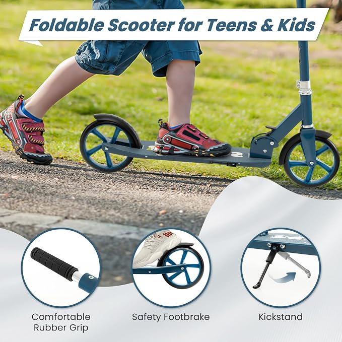 HONEY JOY Kick Scooter, 220 LBS Folding Lightweight Outdoor Scooter w/ 3 Adjustable Height, 7’’ Big Wheels, Aluminum Frame, Kickstand, 6’’ Anti-Slip Deck & Rear Brake, for Kids Teens Age 8+