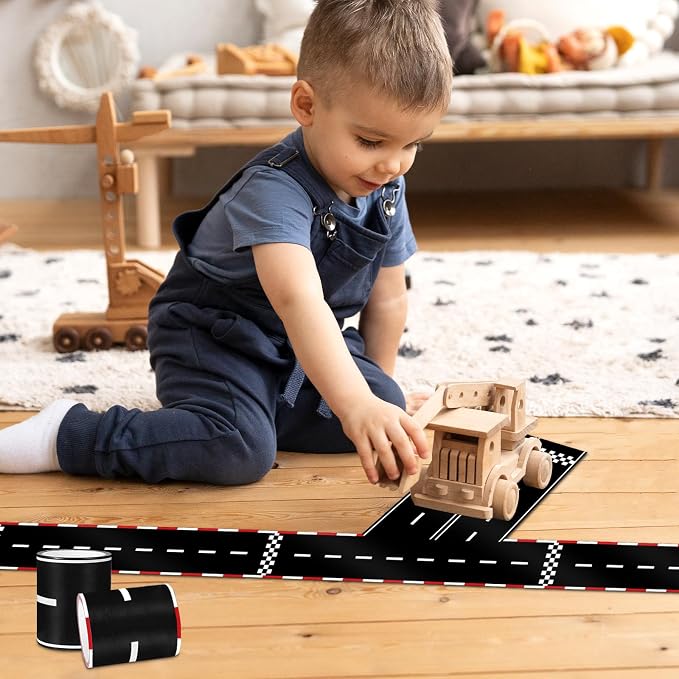 WNINK 2 Rolls Black and Red Roadway Tape Road Tape, Kids Race Car Stickers, Race Car Track Decorations, 2.4 Inch Wide, 2 X 33 FT Long, Easy Tear, No Residue for Kids Birthday Racing Party Decoration