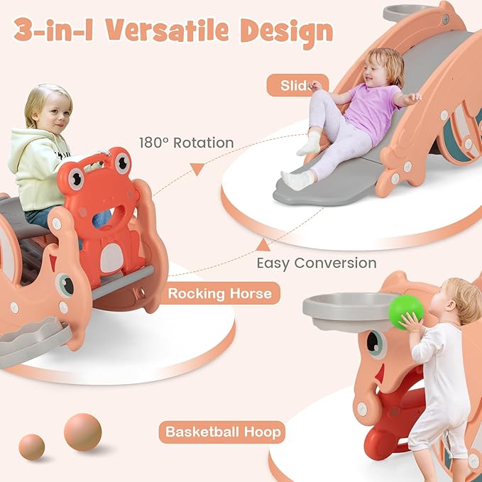 Costzon 4 in 1 Toddler Slide Rocking Toy, Slide for Kids with Basketball Hoop, Rocking Horse, Climber Playground Kids for Both Indoors Outdoor Use (Pink Frog)