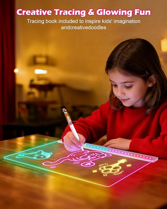 LED Drawing Board for Kids - 17" Flicker-Free Glow Doodle Drawing Pad with 11-Color Light Modes, Soft Light Dry Erase Note Board with Stand, Hanging Chain, 12 Markers, Gifts for Kids (1 PCS)