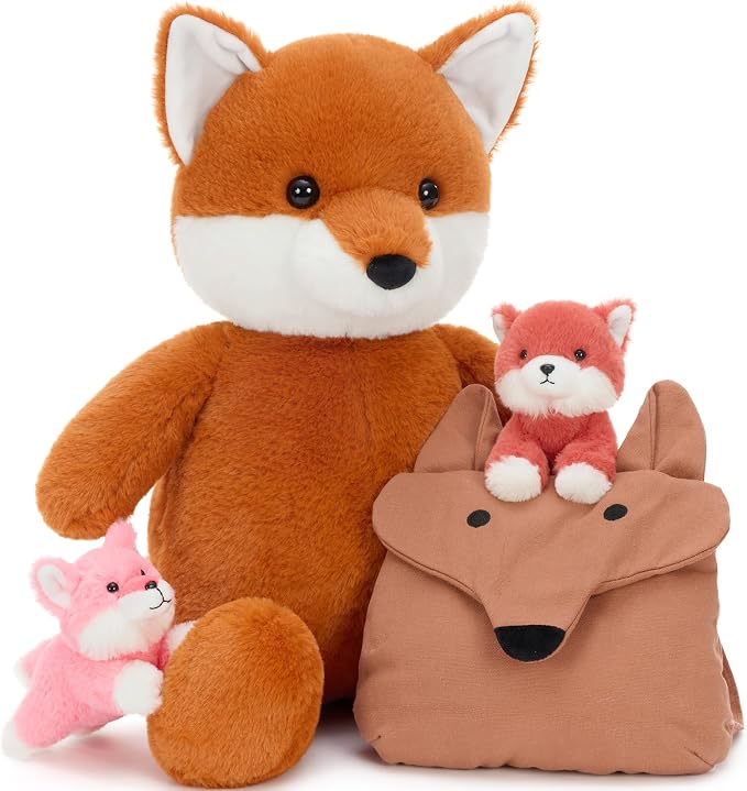 Muiteiur Fox Stuffed Animals Soft 4 Pcs – Soft Red Mommy Fox Plush Toy with 2 Cute Babies & Fox Backpack, for Kids 20inch