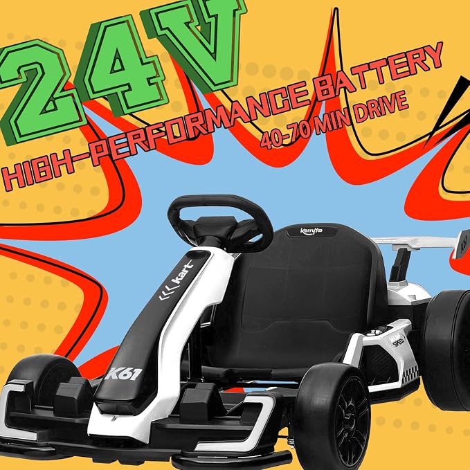 KerryYoo K61 Go Kart Electric Drift Kart with Length Adjustable Seat, 24V Outdoor Ride on Toy with 4 Speed Mode, Crazy Kart for Kids 6-12 Years Old, Fast 300W Motor, 8.5 MPH, Bluetooth - White