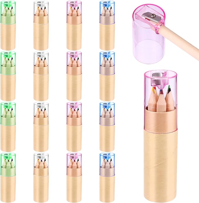 16 Pack Mini Drawing Colored Pencils With Sharpener Set for Kids - 3.3inch Short Fat Color Pencils in Tube for Adult Coloring Books, Classroom School