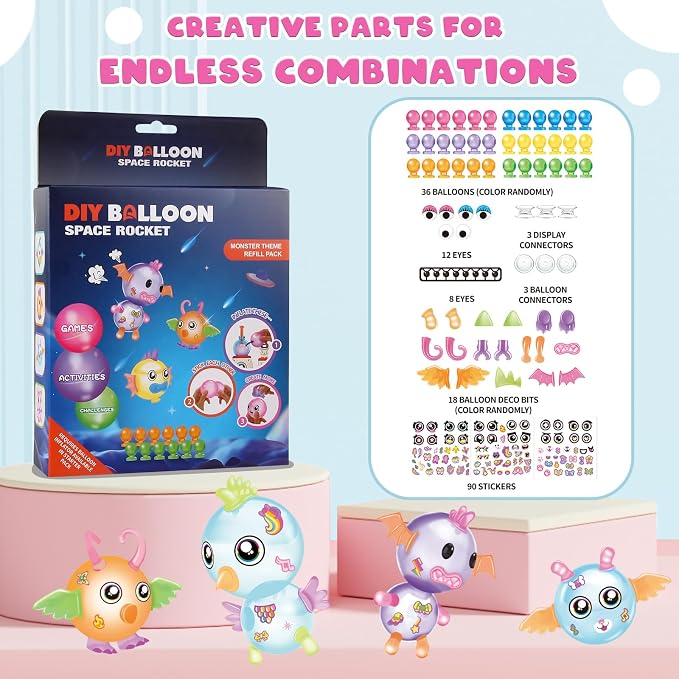 BTEC 170 PCS DIY Balloons Animals Accessories Craft Kits for Kids, DIY Sticky Balloon Maker Toy,36PCS Magic Bouncy Balloon Refill with Stickers Accessories, Birthday Gifts for Kids Boys Girls Ages 3+