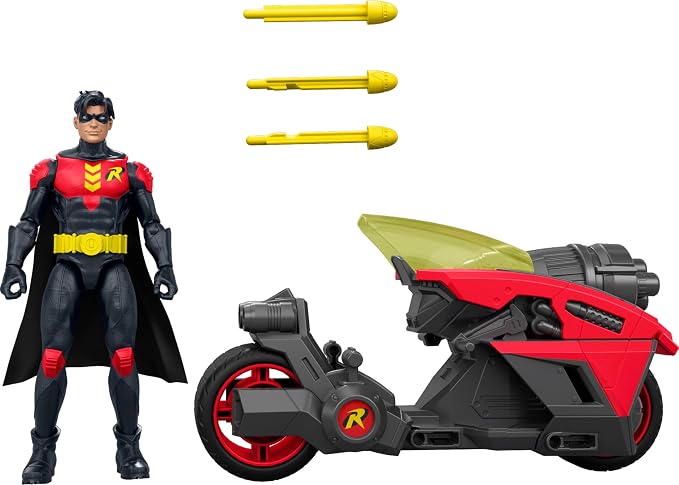 Mattel DC Premier 6.5 Inch Robin Figure & Cycle Vehicle with Projectile Launch, Exclusive Deco, Batlink Robin Cycle