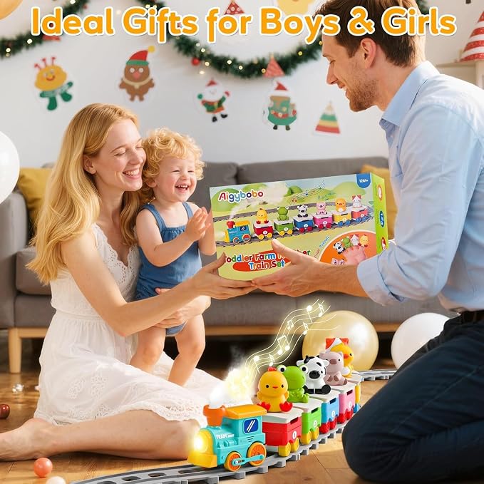 Farm Animal Train Toys for Toddlers 2-4, Kids Electric Train Set with Music, Steam & Lights, Montessori Learning Toys with Finger Puppets, Christmas Birthday Gifts for Boys Girls Age 18 Months+