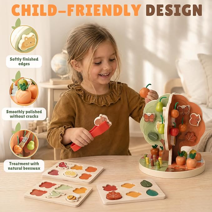 Joyreal Montessori Toys for 3-5 Year Old - 9-in-1 Wooden Magnetic Apple Tree Toy with Radish Pulling Fishing Game, Fine Motor Skills Sensory Educational Toy for Toddlers, Preschool Gift for Boys Girls