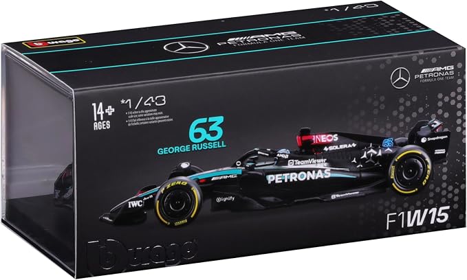 Bburago 1:43 Scale 2024 Formula Race Mercedes W15 Diecast Vehicle with Helmet, Russell #63