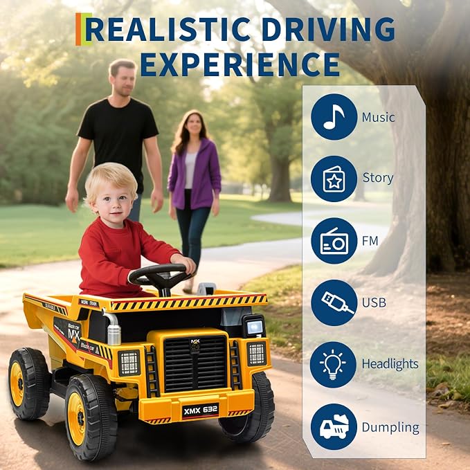 Garvee 12V Ride On Dump Truck for Kids, Ride On Car with Remote Control, Construction Vehicles with Dump Bed & Shovel, Ride-On Toys 16.5 in Spacious Seat, Music, Headlights, Soft Start, Yellow