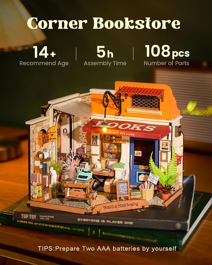 Rowood Miniature House Kit,Mother's Day Mini House Building Kit with LED,DIY Dollhouse Craft Kits for Adults,Birthday for Women Ages 14+(Corner Bookstore)